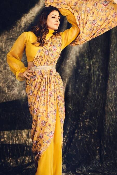 Buy_Chhavvi Aggarwal_Yellow Organza, Crepe High Neck Printed Pant Saree With Blouse _Online_at_Aza_Fashions