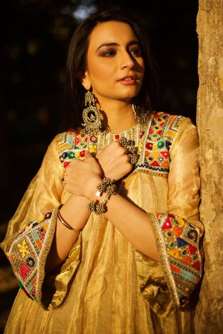 Shop_Karishma Khanduja Bareilly_Gold Tissue Silk Round Anarkali And Palazzo Set _Online_at_Aza_Fashions