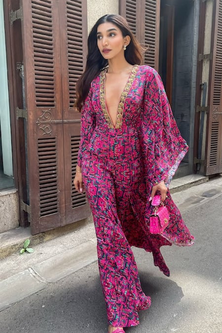 Buy_Mehak Murpana_Pink Crepe Zigzag V Neck Printed Kaftan Jumpsuit _Online_at_Aza_Fashions