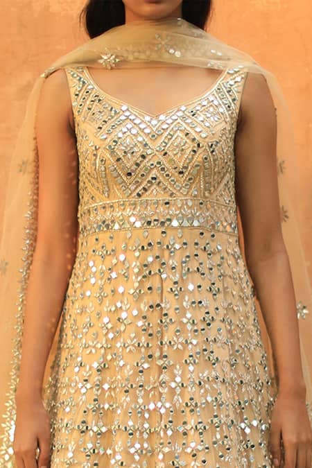 Shop_Angad Singh_Gold Net V Neck Embroidered Anarkali With Dupatta _at_Aza_Fashions