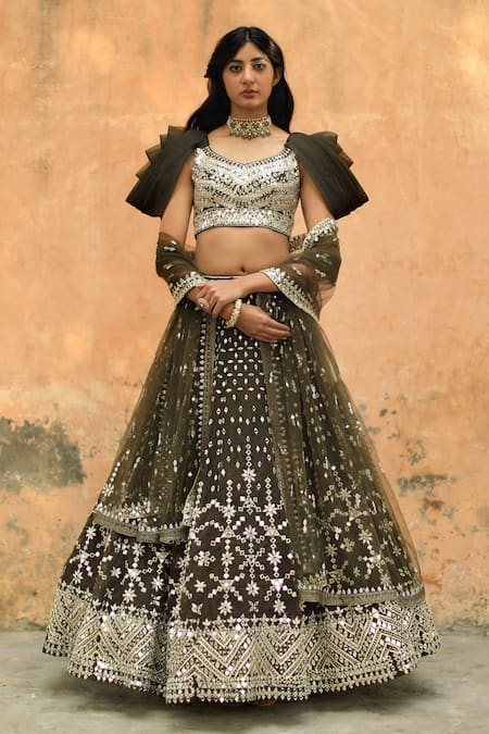 Angad Singh Green Lehenga And Blouse Organza V Neck Embroidered Set 