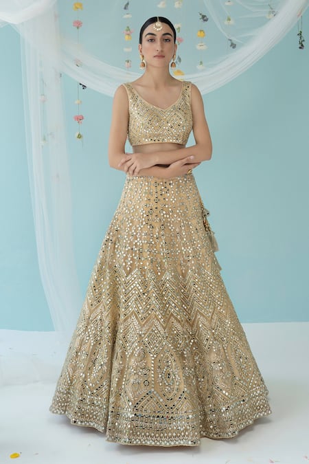 Shop_Angad Singh_Gold Net Lining Satin V Neck Embroidered Bridal Lehenga Set _at_Aza_Fashions
