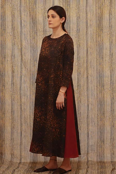 Til_Brown Cotton Silk Satin Freckle Round Print Dress_Online_at_Aza_Fashions