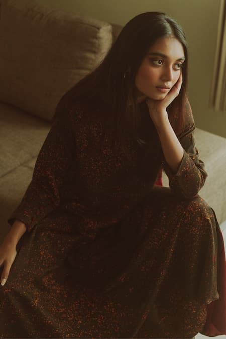Til_Brown Cotton Silk Satin Freckle Round Print Dress_at_Aza_Fashions