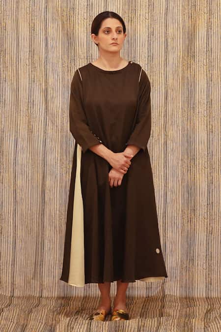 Buy_Til_Brown Cotton Silk Satin Round Colorblock A-line Dress_Online_at_Aza_Fashions