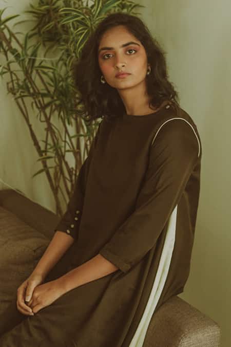 Shop_Til_Brown Cotton Silk Satin Round Colorblock A-line Dress_Online_at_Aza_Fashions