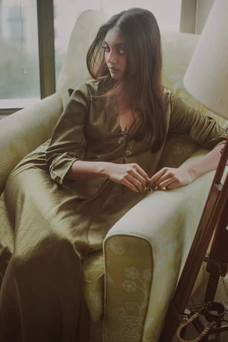 Til_Green Cotton Silk Satin V Neck Pleated Dress_Online_at_Aza_Fashions