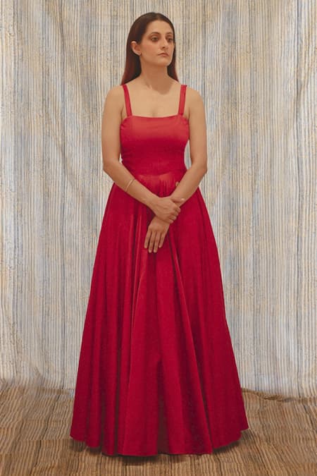 TIL Red Cotton Silk Satin Solid Square Neck Dress 