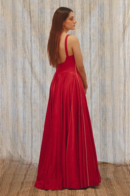 Shop_TIL_Red Cotton Silk Satin Solid Square Neck Dress _at_Aza_Fashions