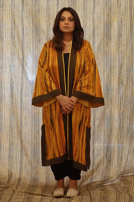Til Yellow Cotton Silk Satin Stripes Feral Printed Overlay 