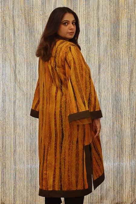 Shop_Til_Yellow Cotton Silk Satin Stripes Feral Printed Overlay _at_Aza_Fashions