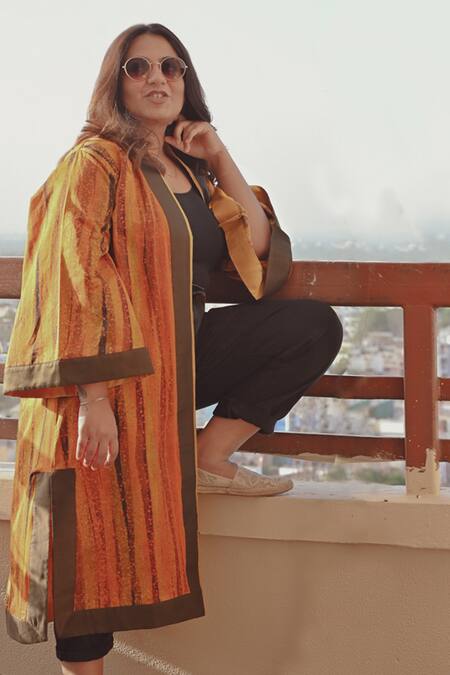 Til_Yellow Cotton Silk Satin Stripes Feral Printed Overlay _Online_at_Aza_Fashions