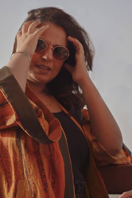 Shop_Til_Yellow Cotton Silk Satin Stripes Feral Printed Overlay _Online_at_Aza_Fashions