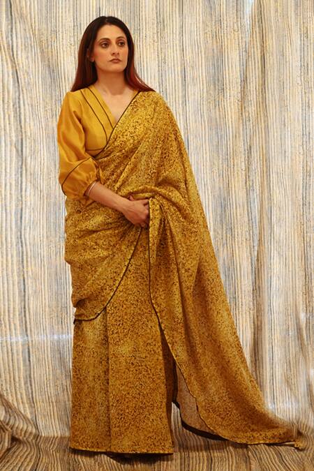 Buy_Til_Yellow Silk Chanderi Reef Pattern V Neck Printed Saree With Blouse_Online_at_Aza_Fashions