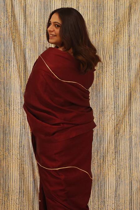 Shop Til Maroon Cotton Silk Satin Round Saree With Blouse at Aza Fashions Shop_Til_Maroon Cotton Silk Satin Round Saree With Blouse_at_Aza_Fashions
