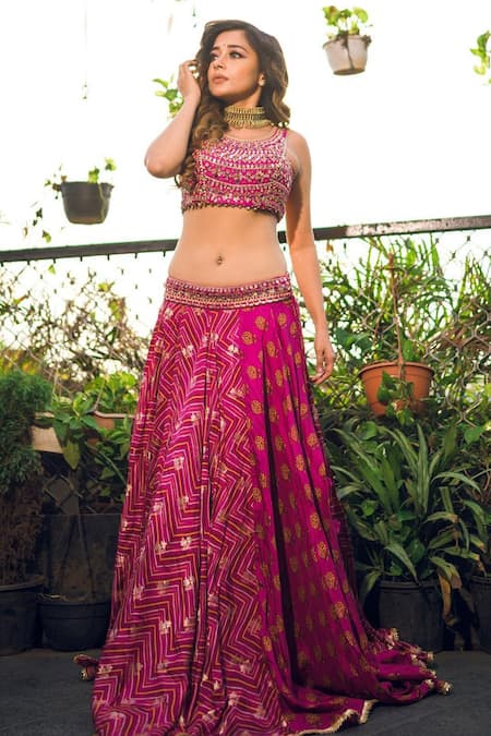 Gopi Vaid_Pink Bustier And Lehenga Tussar Cape Organza U Neck Printed Set With_Online_at_Aza_Fashions