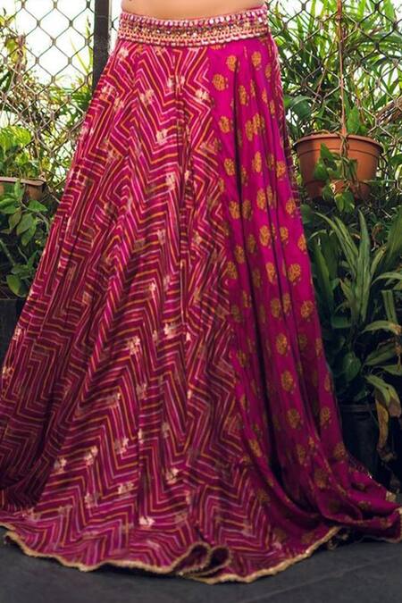 Gopi Vaid_Pink Bustier And Lehenga Tussar Cape Organza U Neck Printed Set With_at_Aza_Fashions