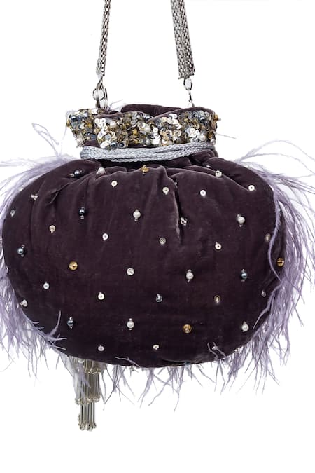 SG Collection By Sonia Gulrajani_Purple Feathers, Pearls, Sequins Tinkerbelle Velvet Embroidered Potli Bag _Online_at_Aza_Fashions