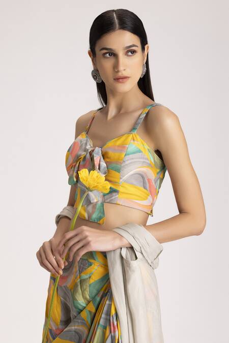 Koashee By Shubitaa_Yellow Bemberg Silk, Wrinkle Crepe Floral Crop Jacket And Abstract Print Skirt Set_Online_at_Aza_Fashions