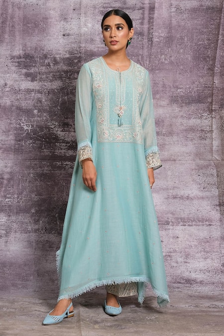Shop Label Niti Bothra Blue Chanderi Silk Pearl Work, Resham Floral Embroidered Kurta And Palazzo Set at Aza Fashions Shop_Label Niti Bothra_Blue Chanderi Silk Pearl Work, Resham Floral Embroidered Kurta And Palazzo Set _at_Aza_Fashions