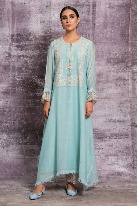 Label Niti Bothra Blue Chanderi Silk Pearl Work, Resham Floral Embroidered Kurta And Palazzo Set Online at Aza Fashions Label Niti Bothra_Blue Chanderi Silk Pearl Work, Resham Floral Embroidered Kurta And Palazzo Set _Online_at_Aza_Fashions