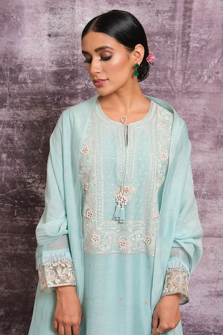 Buy Label Niti Bothra Blue Chanderi Silk Pearl Work, Resham Floral Embroidered Kurta And Palazzo Set Online at Aza Fashions Buy_Label Niti Bothra_Blue Chanderi Silk Pearl Work, Resham Floral Embroidered Kurta And Palazzo Set _Online_at_Aza_Fashions
