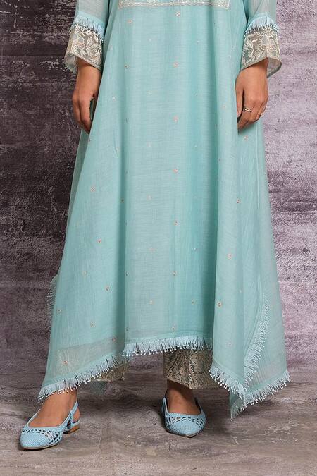 Shop Label Niti Bothra Blue Chanderi Silk Pearl Work, Resham Floral Embroidered Kurta And Palazzo Set Online at Aza Fashions Shop_Label Niti Bothra_Blue Chanderi Silk Pearl Work, Resham Floral Embroidered Kurta And Palazzo Set _Online_at_Aza_Fashions