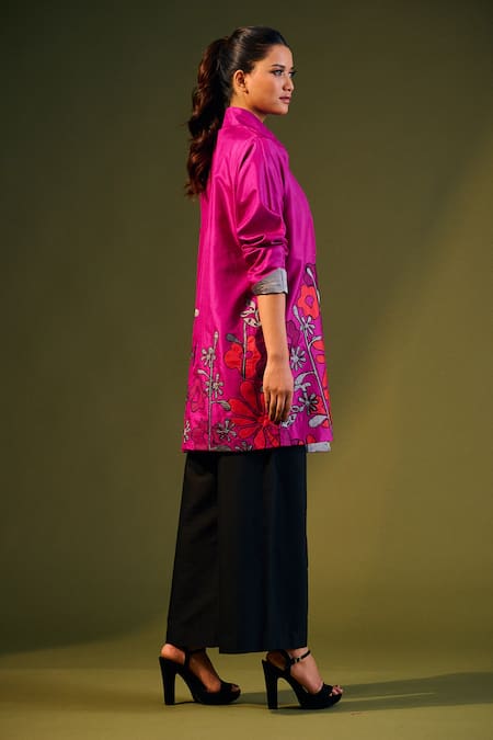 Taika By Poonam Bhagat_Fuchsia Silk Floral Open Embroidered Jacket_Online_at_Aza_Fashions