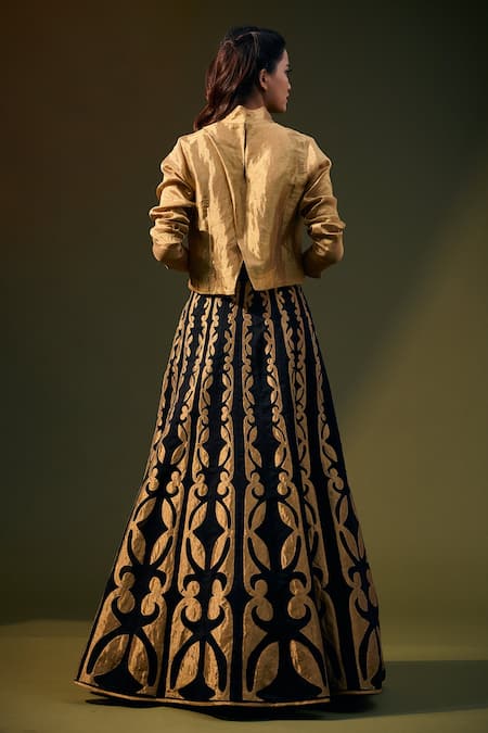 Shop Taika By Poonam Bhagat Gold Tissue Plain Round High Neck Shrug at Aza Fashions Shop_Taika By Poonam Bhagat_Gold Tissue Plain Round High Neck Shrug_at_Aza_Fashions