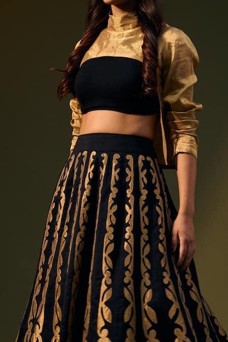 Taika By Poonam Bhagat Gold Tissue Plain Round High Neck Shrug at Aza Fashions Taika By Poonam Bhagat_Gold Tissue Plain Round High Neck Shrug_at_Aza_Fashions