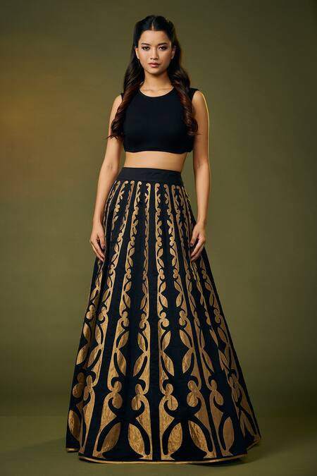 Buy Taika By Poonam Bhagat Black Silk Embroidery Floral Round Skirt And Top Set Online at Aza Fashions Buy_Taika By Poonam Bhagat_Black Silk Embroidery Floral Round Skirt And Top Set _Online_at_Aza_Fashions