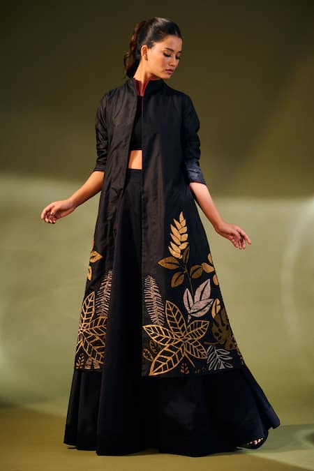 Taika By Poonam Bhagat Black Silk Embroidery Leaf Open Jacket Online at Aza Fashions Taika By Poonam Bhagat_Black Silk Embroidery Leaf Open Jacket _Online_at_Aza_Fashions