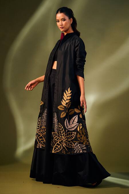 Buy Taika By Poonam Bhagat Black Silk Embroidery Leaf Open Jacket Online at Aza Fashions Buy_Taika By Poonam Bhagat_Black Silk Embroidery Leaf Open Jacket _Online_at_Aza_Fashions