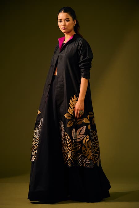 Shop Taika By Poonam Bhagat Black Silk Embroidery Leaf Open Jacket Online at Aza Fashions Shop_Taika By Poonam Bhagat_Black Silk Embroidery Leaf Open Jacket _Online_at_Aza_Fashions