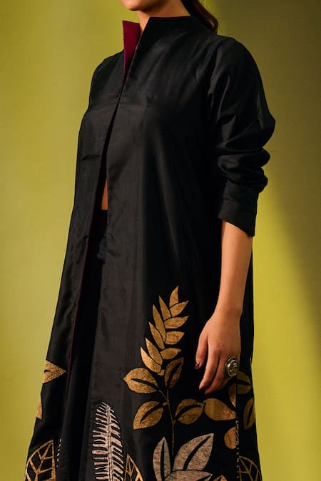Taika By Poonam Bhagat Black Silk Embroidery Leaf Open Jacket at Aza Fashions Taika By Poonam Bhagat_Black Silk Embroidery Leaf Open Jacket _at_Aza_Fashions