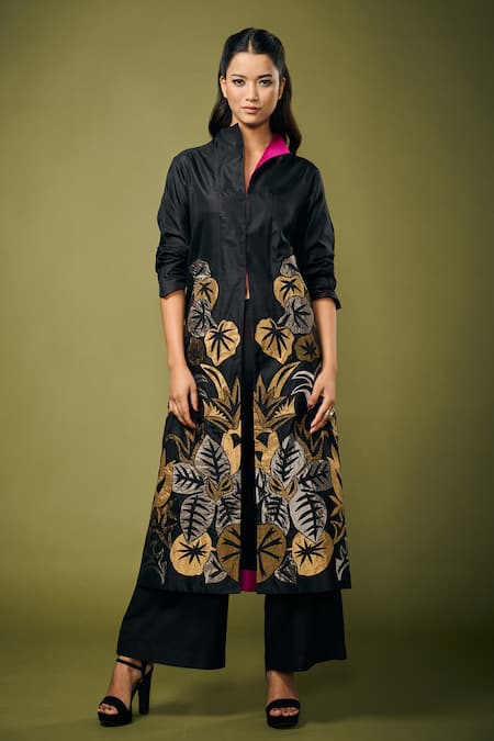 Taika By Poonam Bhagat_Black Silk Leaf Open Embroidered Jacket_Online_at_Aza_Fashions