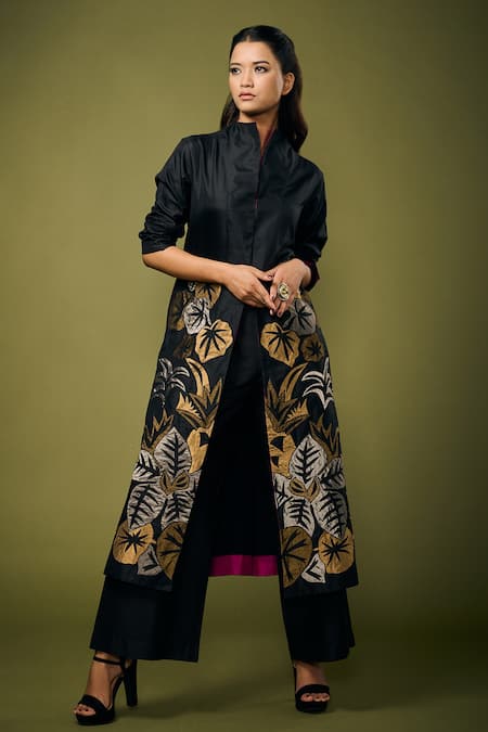 Buy_Taika By Poonam Bhagat_Black Silk Leaf Open Embroidered Jacket_Online_at_Aza_Fashions
