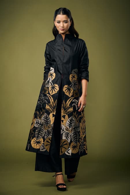 Shop_Taika By Poonam Bhagat_Black Silk Leaf Open Embroidered Jacket_Online_at_Aza_Fashions