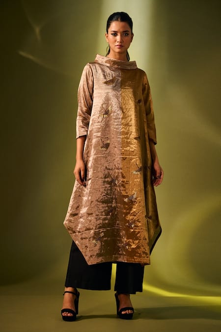 Buy_Taika By Poonam Bhagat_Gold Tissue Floral Round High Neck Embroidered Tunic And Pant Set _Online_at_Aza_Fashions
