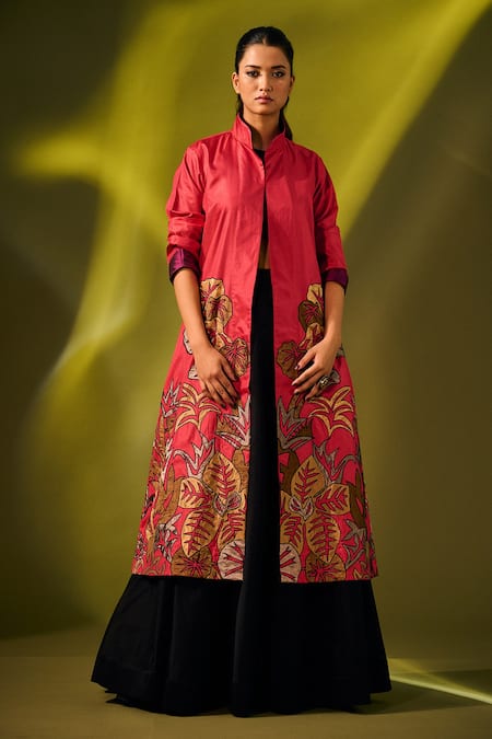 Taika By Poonam Bhagat_Red Silk Leaf Mandarin Collar Embroidered Jacket_Online_at_Aza_Fashions