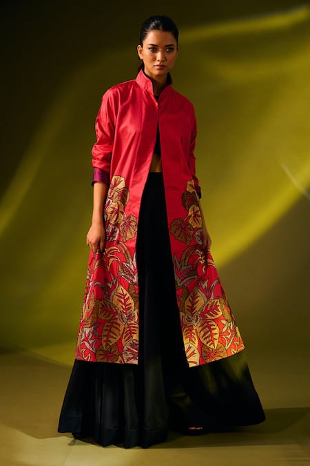 Shop_Taika By Poonam Bhagat_Red Silk Leaf Mandarin Collar Embroidered Jacket_Online_at_Aza_Fashions