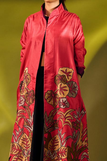 Taika By Poonam Bhagat_Red Silk Leaf Mandarin Collar Embroidered Jacket_at_Aza_Fashions