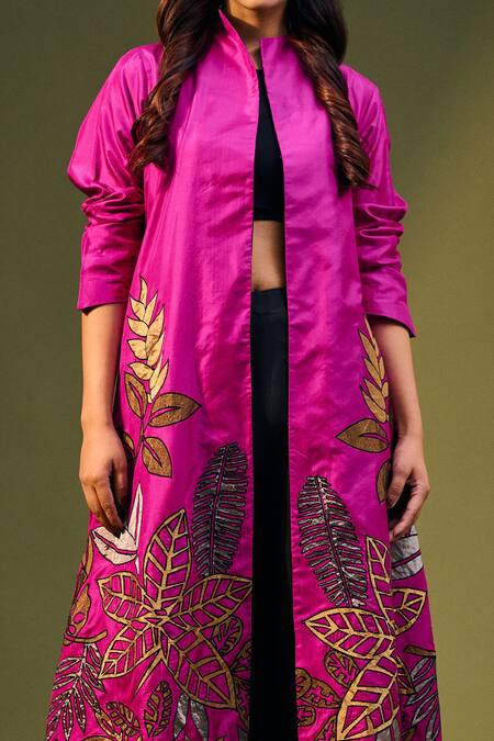 Taika By Poonam Bhagat Fuchsia Silk Floral Open Embroidered Jacket at Aza Fashions Taika By Poonam Bhagat_Fuchsia Silk Floral Open Embroidered Jacket_at_Aza_Fashions