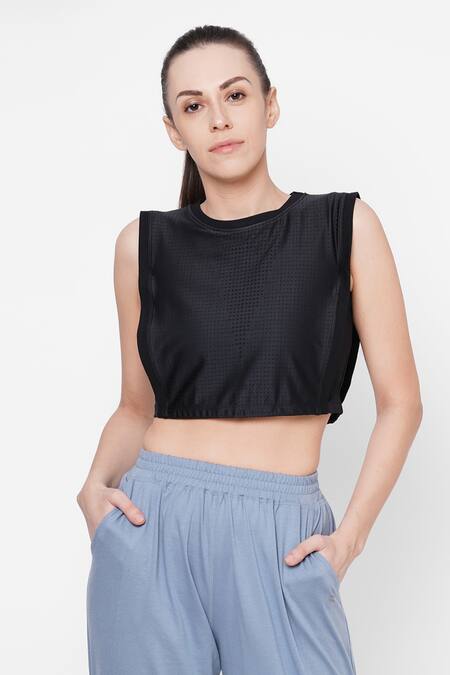 Buy_Tuna London - {Tuna Active}_Black Poly Blend Round Mesh Overlay Crop Top_Online_at_Aza_Fashions