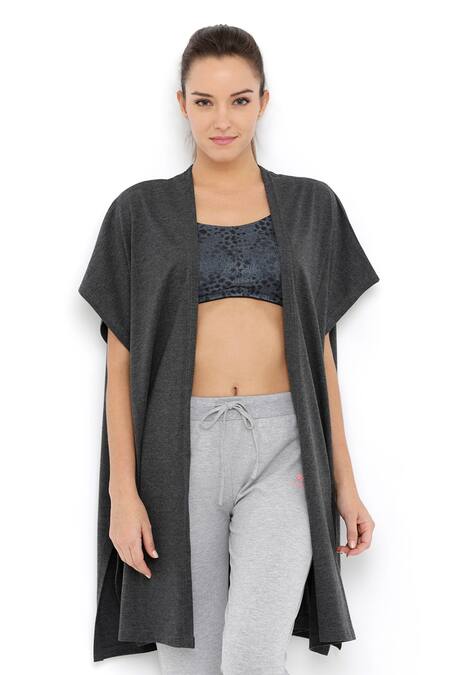 Tuna London - {Tuna Active}_Grey Cotton Plain Open Neck Jacket_Online_at_Aza_Fashions