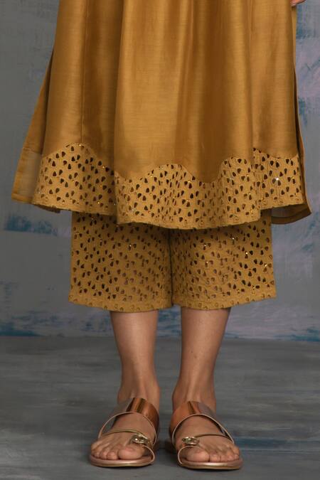 Shop_Charkhee_Gold Kurta Chanderi And Cotton Pant Cotton Dupatta Organza Notched Set _Online_at_Aza_Fashions