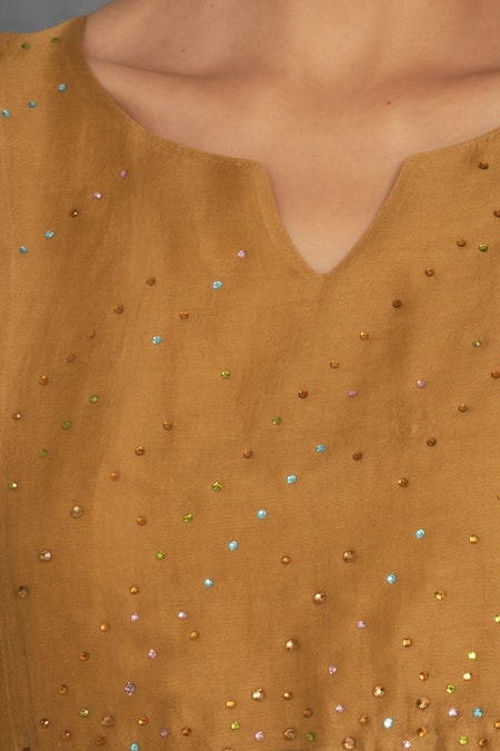 Charkhee_Gold Kurta Chanderi And Cotton Pant Cotton Dupatta Organza Notched Set _at_Aza_Fashions