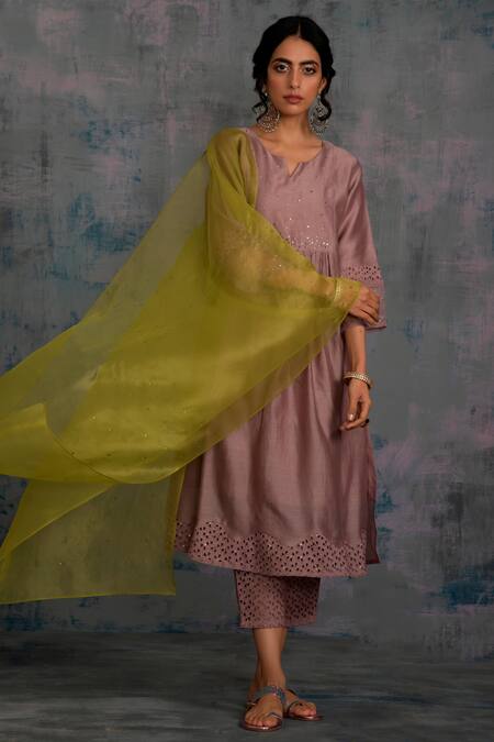 Charkhee Purple Kurta Chanderi And Cotton Notched Embroidered Set