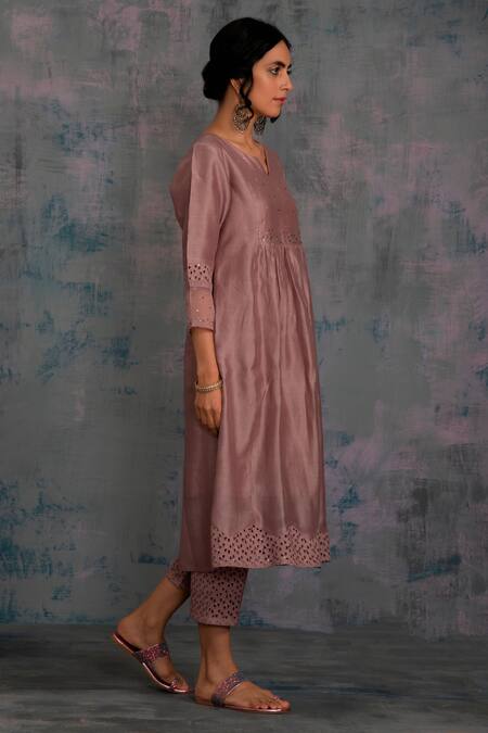 Charkhee_Purple Kurta Chanderi And Cotton Notched Embroidered Set_Online_at_Aza_Fashions