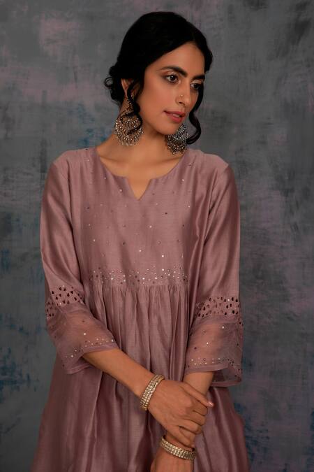 Buy_Charkhee_Purple Kurta Chanderi And Cotton Notched Embroidered Set_Online_at_Aza_Fashions
